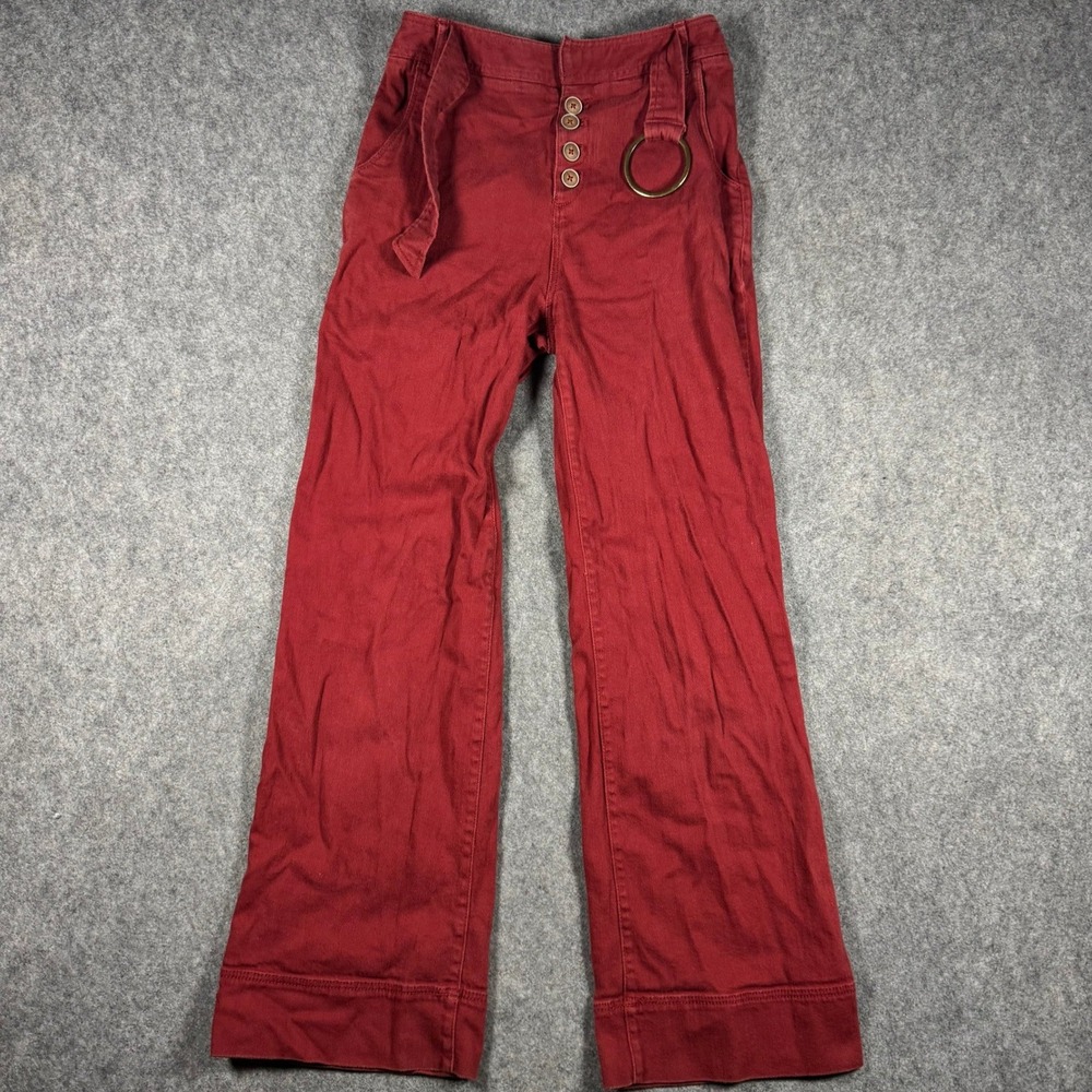 Anthropologie Pants Women 2 Red Wide Leg Flare Button Fly O-Ring Belt High Rise